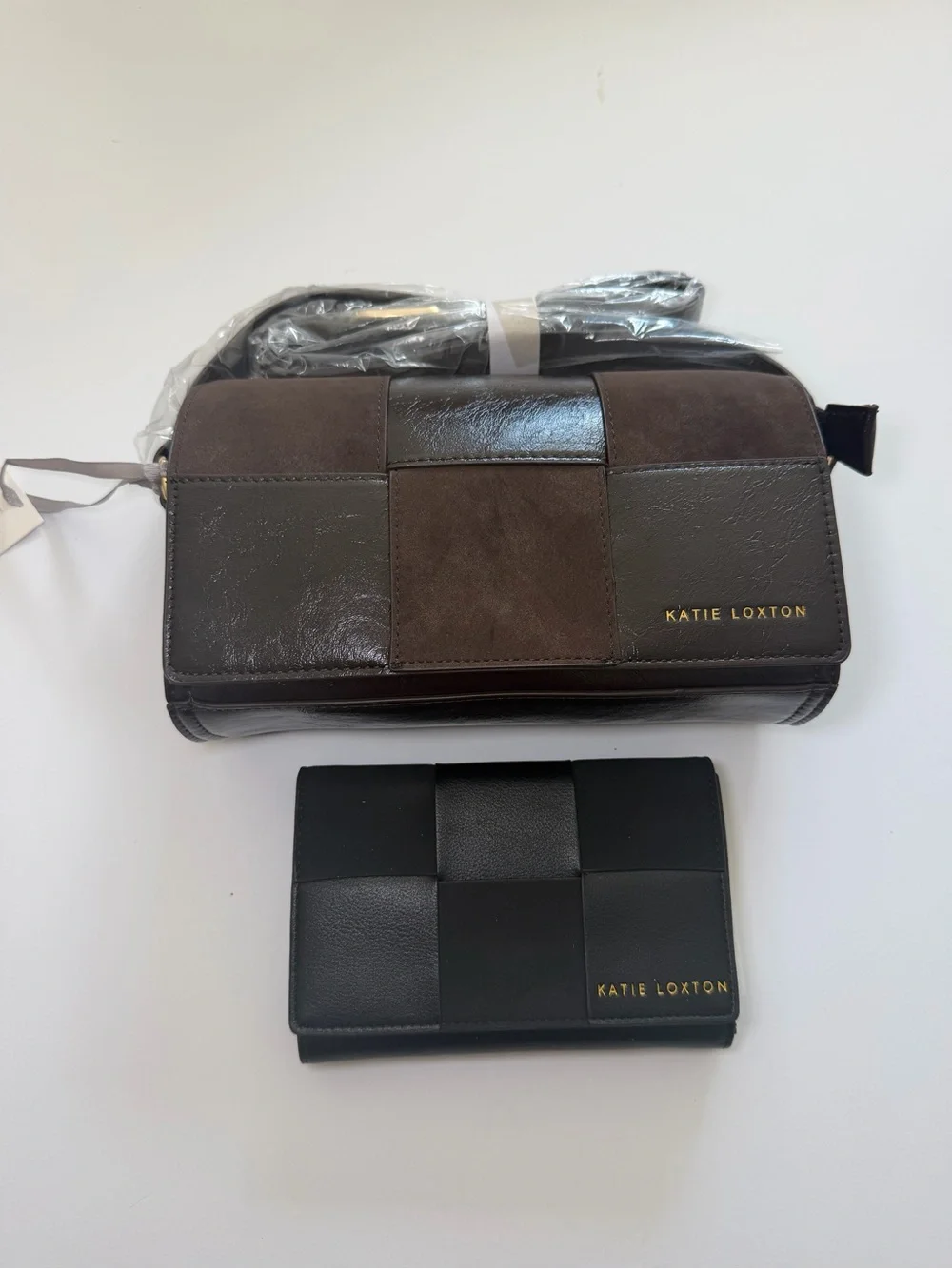Katie Loxton Patchwork Crossbody Bag in Brown and Black Patchwork Wallet
